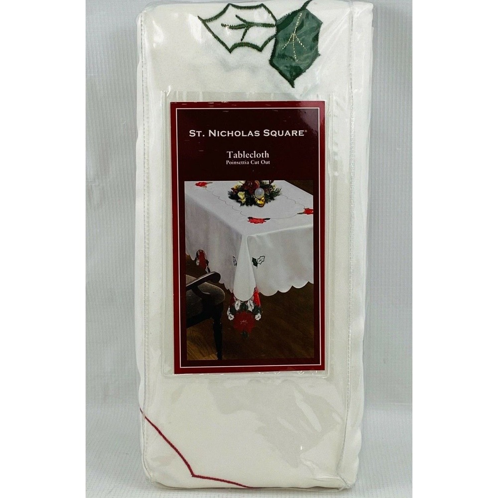 St. Nicholas Square Poinsettia Cut Out Tablecloth 70" Round Christmas‎ Holidays